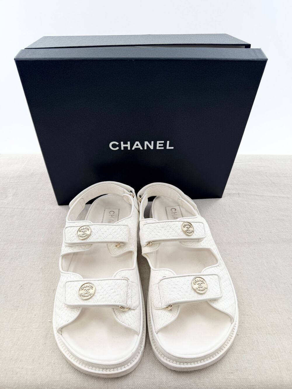 Chanel Textured Calfskin Leather Slip On Slingback Dad Sandals White Women EU 39